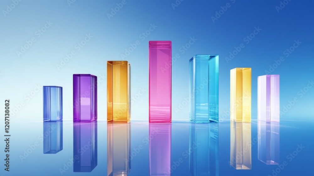 Aufkleber a d bar graph with vibrant, semi-transparent bars of varying heights on a gradient blue background, 