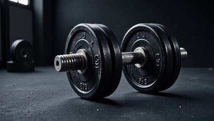Heavy black dumbbell lying on gym floor ready for lifting