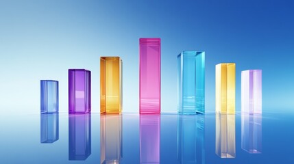 A D bar graph with vibrant, semi-transparent bars of varying heights on a gradient blue background, with reflections adding a sleek, polished effect