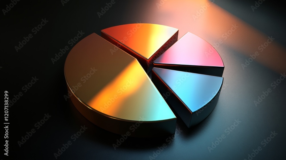 Poster A D financial pie chart with metallic segments, casting shadows on a dark background, creating a modern, professional data visualization
