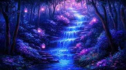 Obraz premium A surreal canyon carved by rivers of liquid starlight. The canyon walls glow softly with embedded crystals, and floating lanterns hover above, illuminating the shimmering water below. 