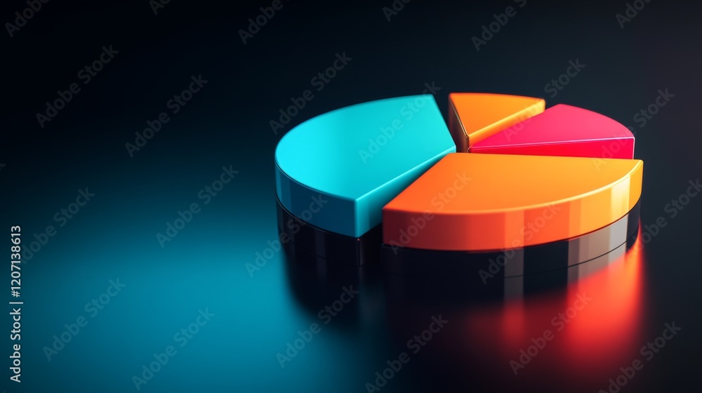 Fototapete A D pie chart in warm and cool tones, floating slightly above a reflective black surface, creating a sophisticated, data-centric design