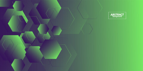 Abstract 3D background with purple and green gradient colors. Hexagonal pattern overlay shapes with lines. Cool design. Vector Eps10