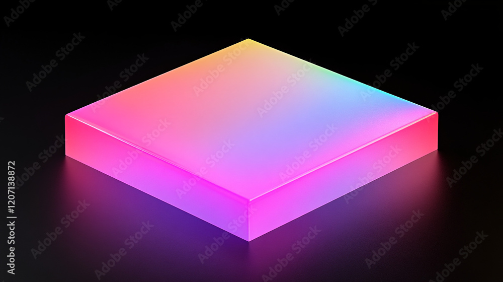 Poster a glowing pastel gradient cube with vivid colors and a translucent effect placed on a sleek black su