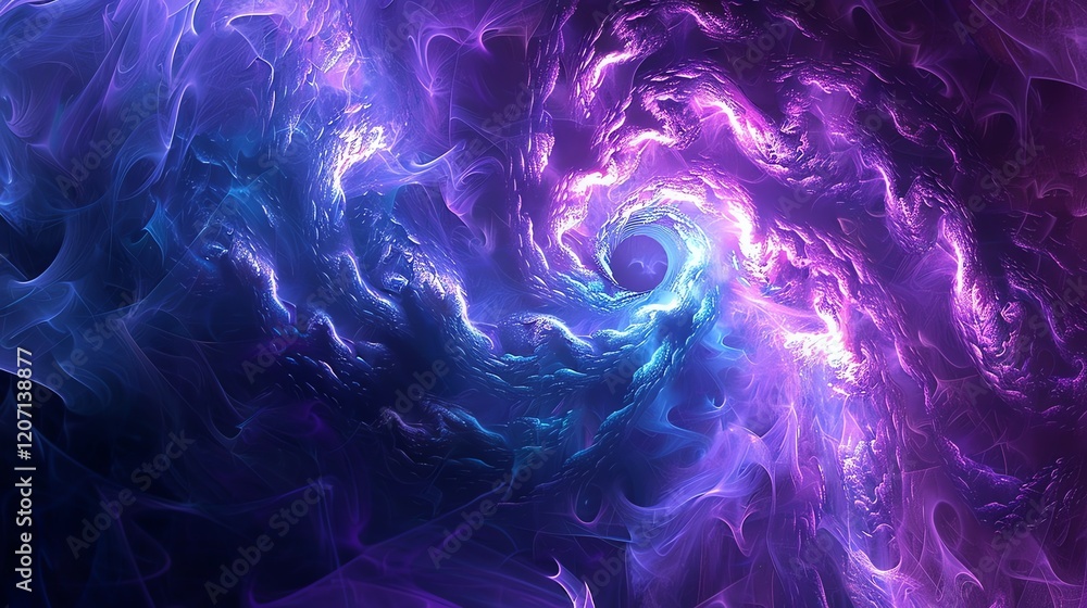 Poster this is an abstract image of a blue and purple vortex. the vortex is surrounded by a dark background