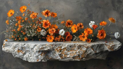 Orange and White Flowers on Rough Stone Shelf
