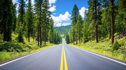 A serene road stretches through a lush forest, flanked by tall trees under a bright blue sky with fluffy clouds.