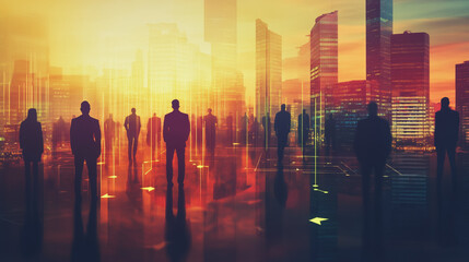 Obraz premium abstract professional business team people connection of line from nail node to node on Smart digital cityscap and skyline background , Innovation networking concept