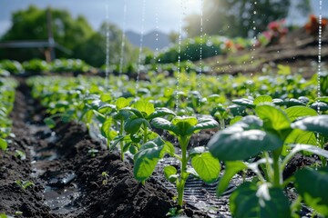 Vibrant vegetable garden utilizing sustainable drip irrigation technology. Water droplets nourish healthy plants and show innovative agricultural practices for efficient growth. Organic farm concept.