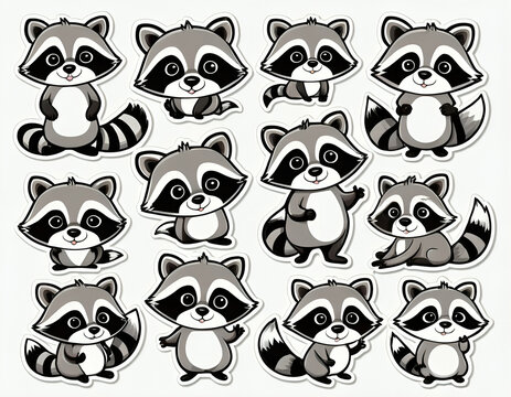 set of racoon in sticker style
