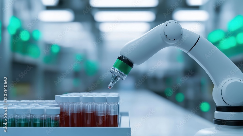 Poster robotic arm conducting experiments with test tubes in modern laboratory environment