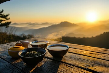 Tea Ceremony at Sunrise: A quiet morning scene with a tea table on a hilltop, the first light of dawn illuminating the tea leaves and cups
