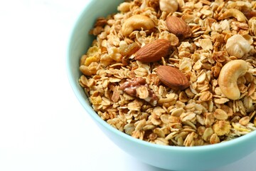 Delicious granola on a light background