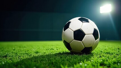 Soccer ball resting on lush green field under stadium lights