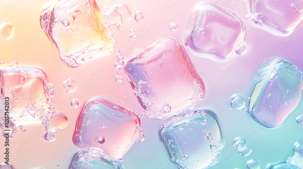 Poster a vibrant arrangement of pastel-colored ice cubes floating in splashes of water against a softly glo