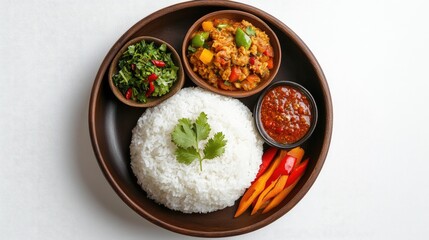 A top-down view of a traditional Thai meal featuring a bowl of hot steamed rice, accompanied by colorful curries and garnished with fresh herbs.