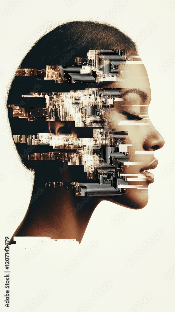 Poster artistic representation of a woman's profile with digital glitch effects and abstract patterns inter