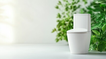 Modern white toilet in a contemporary bathroom with eco-friendly design, surrounded by lush green plants, minimalistic decor, and a tranquil atmosphere.