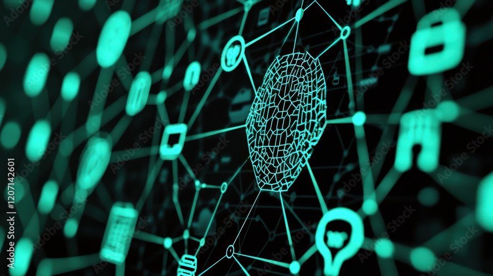 Poster futuristic digital interface with connected icons and stylized human head in network grid design