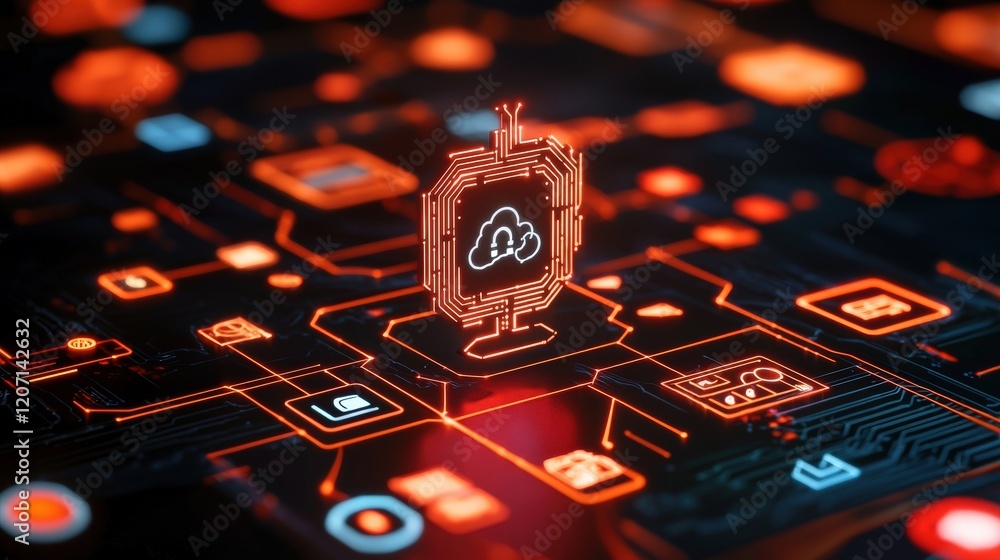 Aufkleber futuristic digital network with cloud computing icon on vibrant circuit board background in orange a