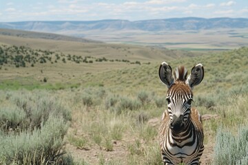Obraz premium Young Zebra in Wild Grassland Scenic Landscape