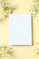 Top view photo with gypsophila flowers and paper card on color background 
