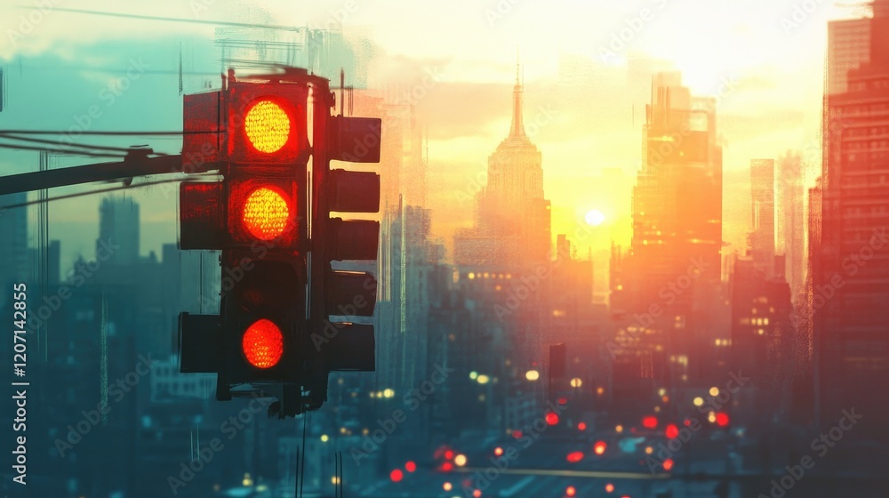 Poster a traffic light changing from red to orange, capturing the moment of transition with a cityscape in 