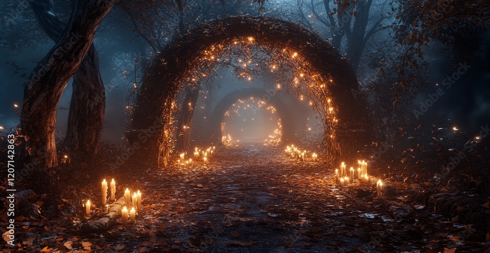 Poster enchanting autumn forest path with glowing arch and candles.