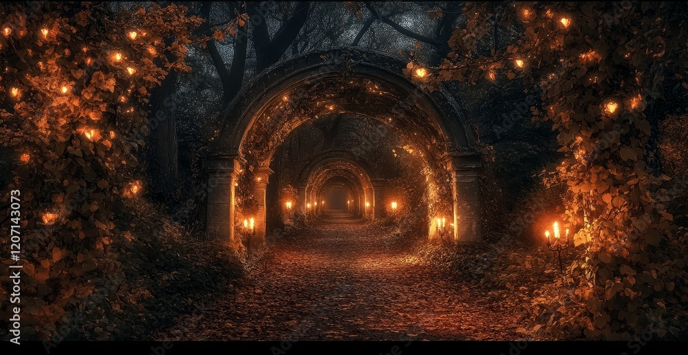 Poster enchanting autumnal archway path illuminated by glowing lights in a mystical forest.