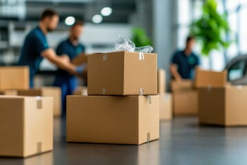 Stacks of sturdy cardboard boxes ready for moving. These durable containers are essential for organizing household items during relocation, ensuring safe transport and efficient packing.