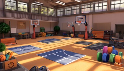 A school gymnasium with basketball hoops, gym mats, and neatly arranged sports equipment