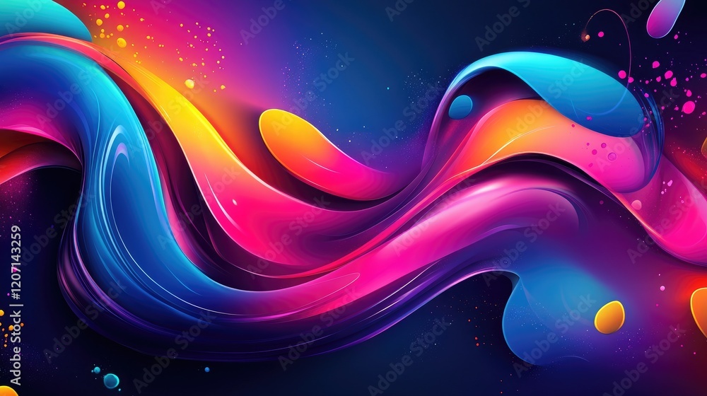 Poster a vibrant, abstract background with splashes of neon colors and irregular shapes, adding a modern an
