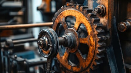 Fototapeta premium retro-inspired industrial machinery in a factory environment, blending vintage design with modern functionality, warm tones, weathered textures, energetic workplace