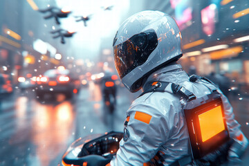 A high-tech courier equipped with a sleek futuristic uniform. The advanced design merges functionality with modern aesthetics, ideal for swift, efficient delivery in urban landscapes.