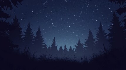 Naklejka premium dark forest under a starry sky, with silhouettes of trees stretching toward the night sky, creating an eerie yet magical atmosphere.