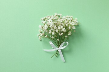 Top view photo with gypsophila flowers on color background 
