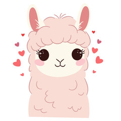 Cute llama face with big eyes, hearts around it. Flat vector illustration in simple childish style. Vector illustration