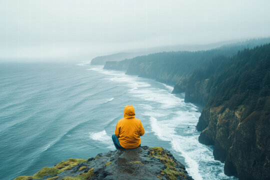 A solitary figure sits on a rugged cliff edge, overlooking the vast ocean below. The serene setting captures the essence of solitude and contemplation in nature's embrace.