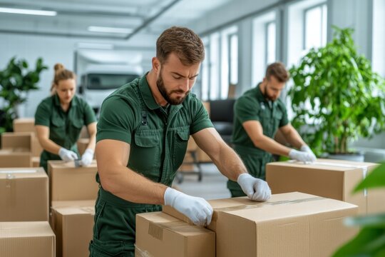 A professional moving team efficiently handles a relocation task. The movers in uniform are coordinating the packing and transportation of items with precision and care.