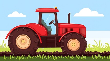Obraz premium Red tractor field farming agriculture countryside illustration