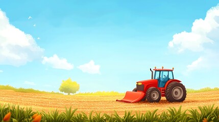 Red tractor harvesting golden field, sunny day, farmland