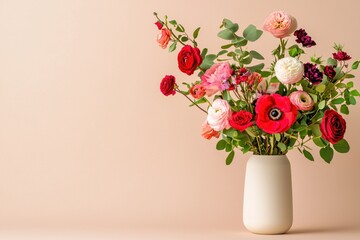 Fototapeta premium Elegant bouquet of colorful flowers in a white vase against a soft neutral background