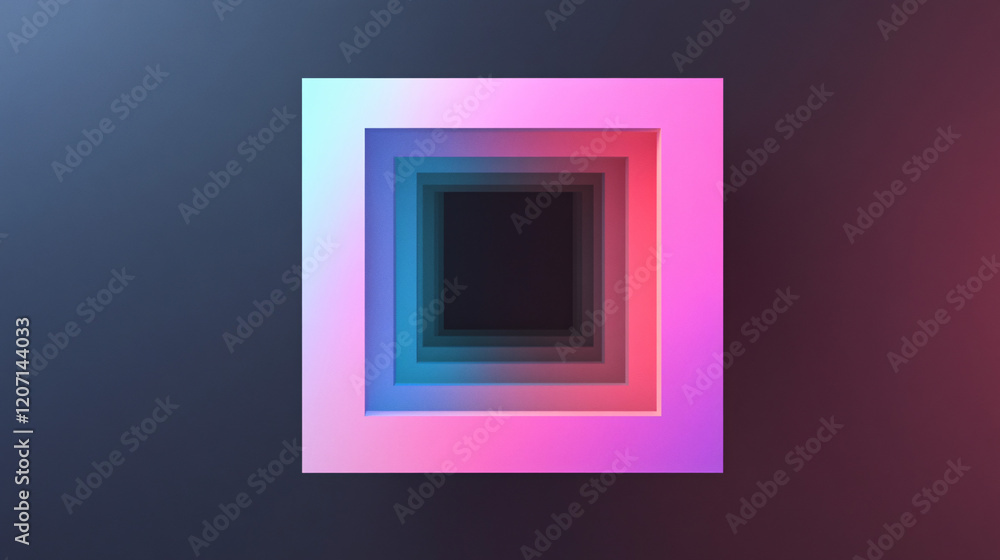 Poster a futuristic abstract square tunnel with glowing neon gradients in pink and blue creating a sense of