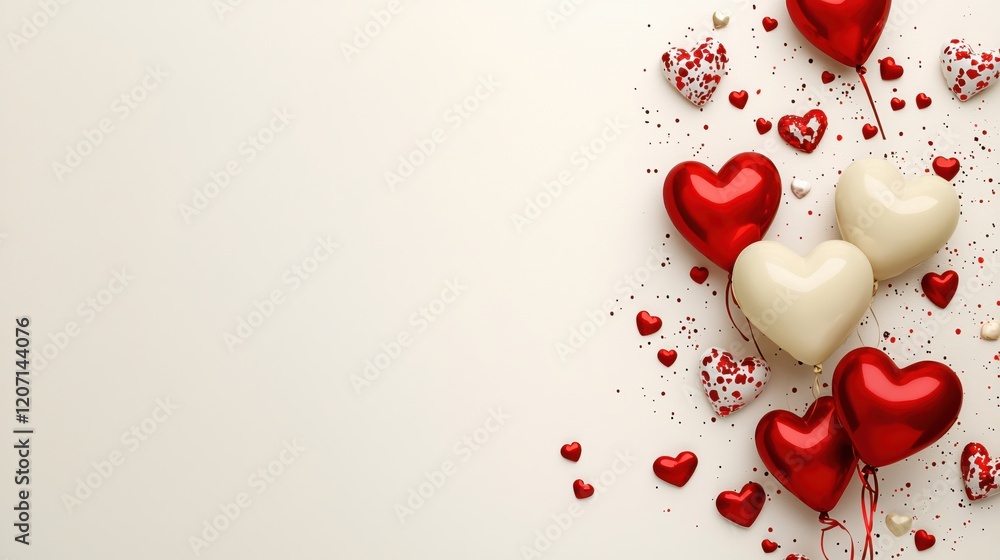 Aufkleber heart shaped balloons and confetti on a light background with space for text or design