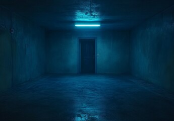 Fototapeta premium Dark blue neon-lit hallway with a door.