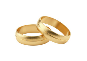 Two shiny golden wedding rings slightly overlapping, isolated on a white background