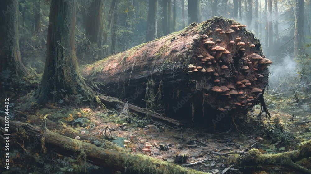 Poster decomposing log in a damp forest, with visible mushrooms and moss.