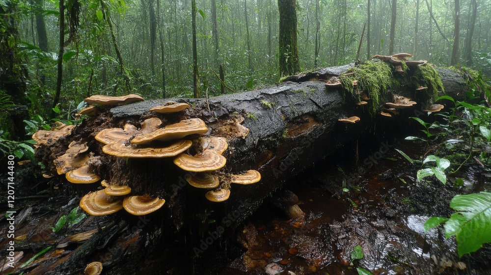 Poster decomposing log in a damp forest, with visible mushrooms and moss.