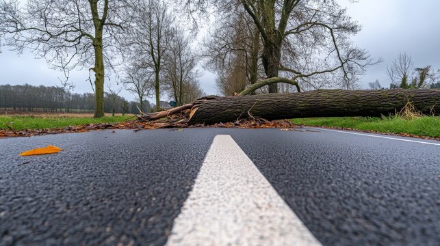 A fallen tree blocks a road, highlighting environmental impact and road safety concerns.