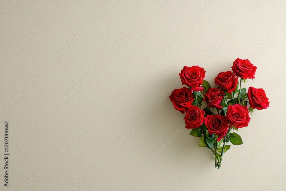 Poster Red roses bouquet on a plain beige background with copy space for text or design element